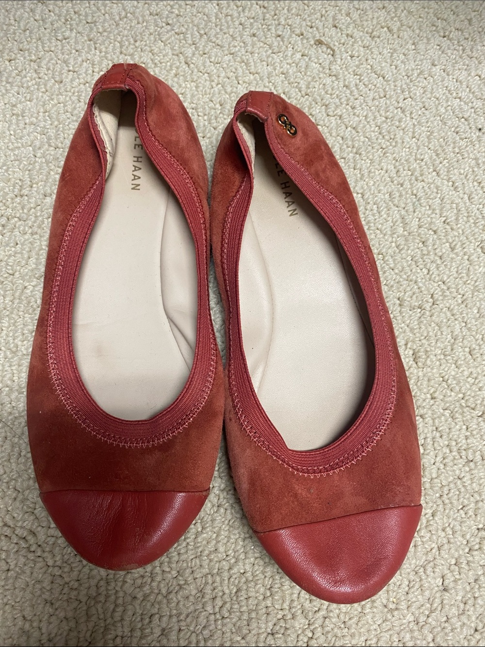 Cole Haan Rust Red Suede and Leather Cap-Toe Ballet Flats